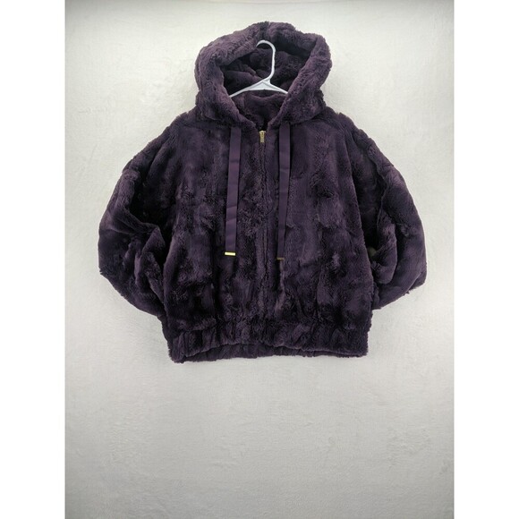 EXPRESS Faux Fur Hooded Deep Purple Teddy Jacket Sz Small w/ Gold Accents - Picture 1 of 14